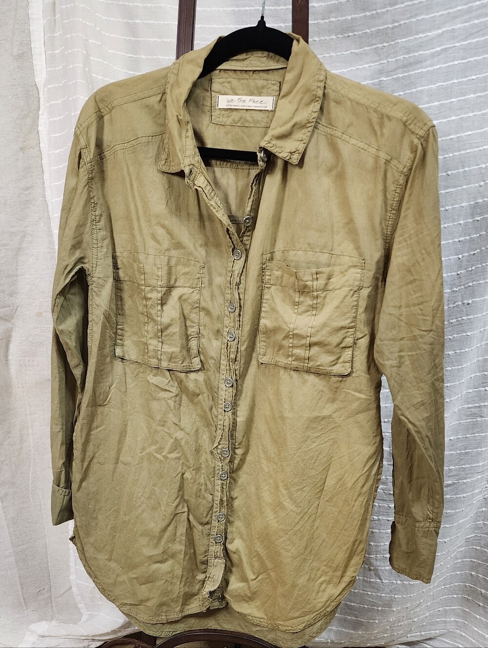 Free People Olive Green Button-Down Utility Shirt Turn Cuffs W Button Details